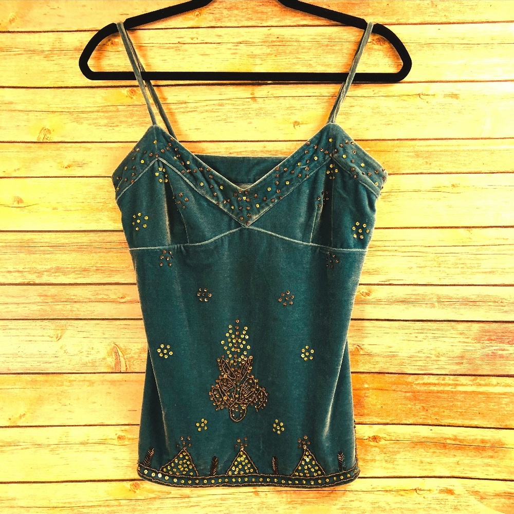 Blue Velvet Camisole w/ BoHo Beaded Embellishment